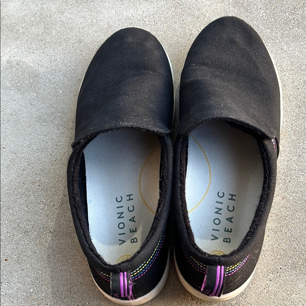 Vionic Beach Black Canvas Slip On Shoes with Rainbow Detail